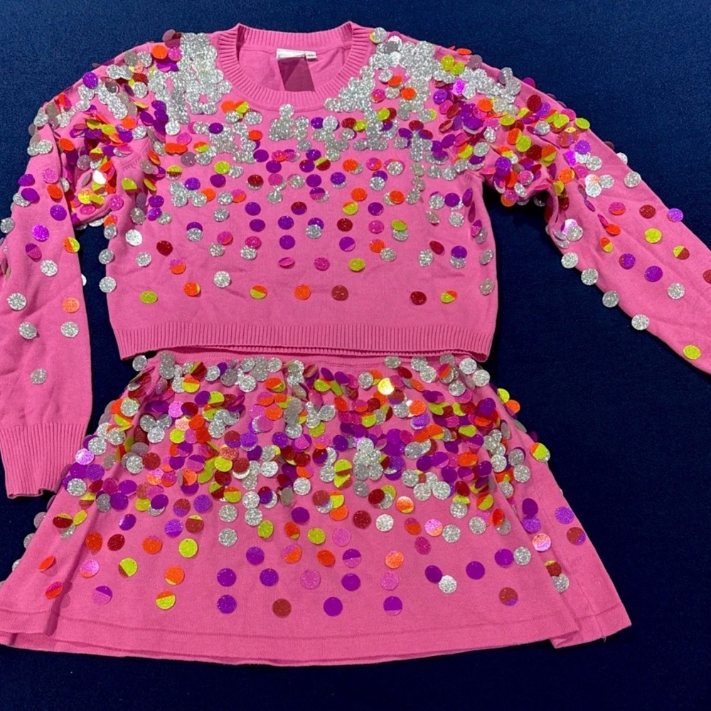 🩷Queen Of Sparkles XS Pink & Rainbow Paillette Sweater/Skirt Set NWOT